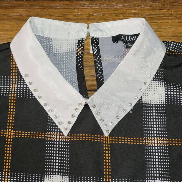 AUW Black Brown & White Plaid Sleeveless Blouse w/ Bling Collar - Size XL* - Picture 2 of 6